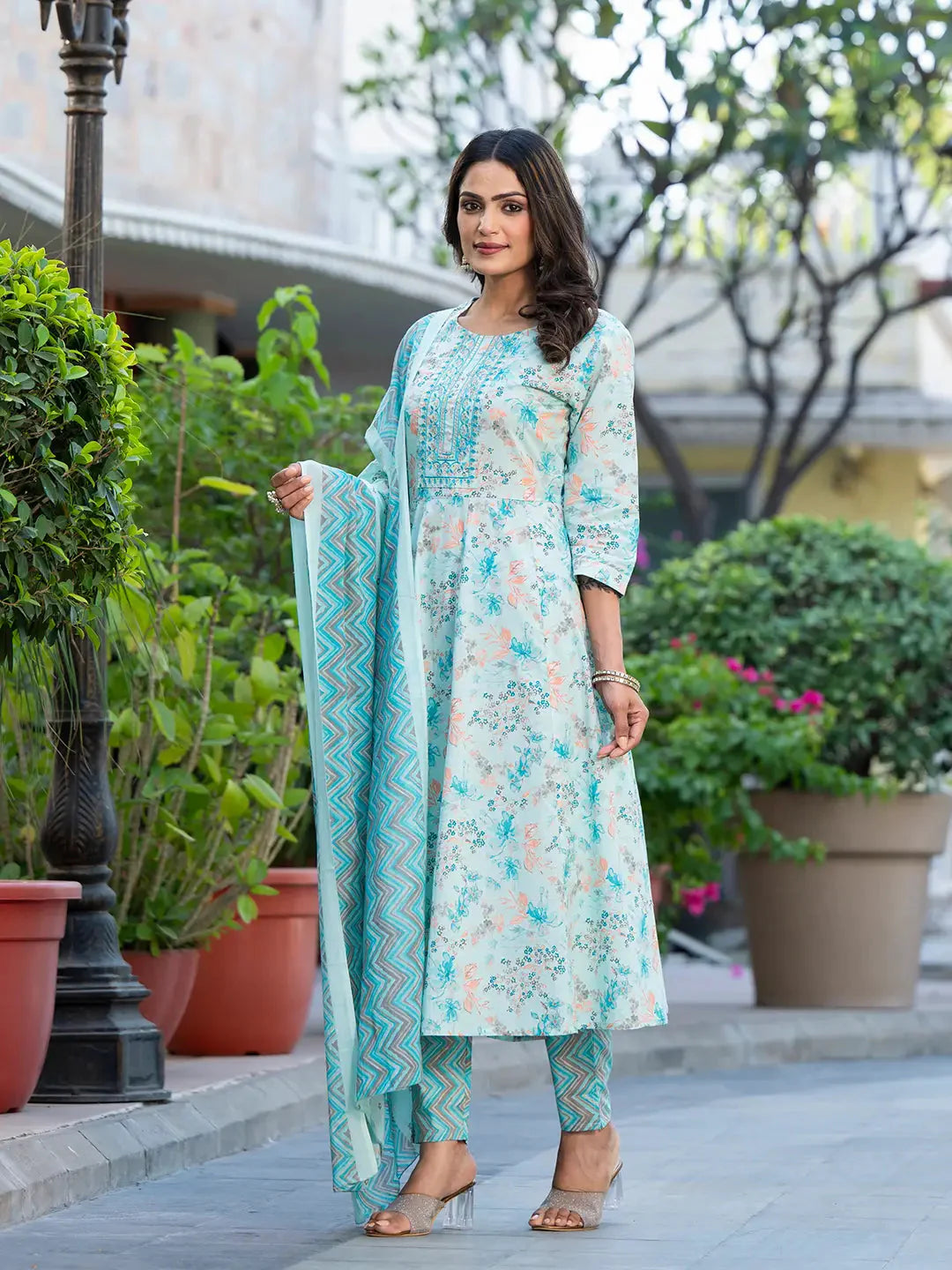 Sea-Green-Cotton-Sequins-Work-Floral-Printed-Anarkali-Set