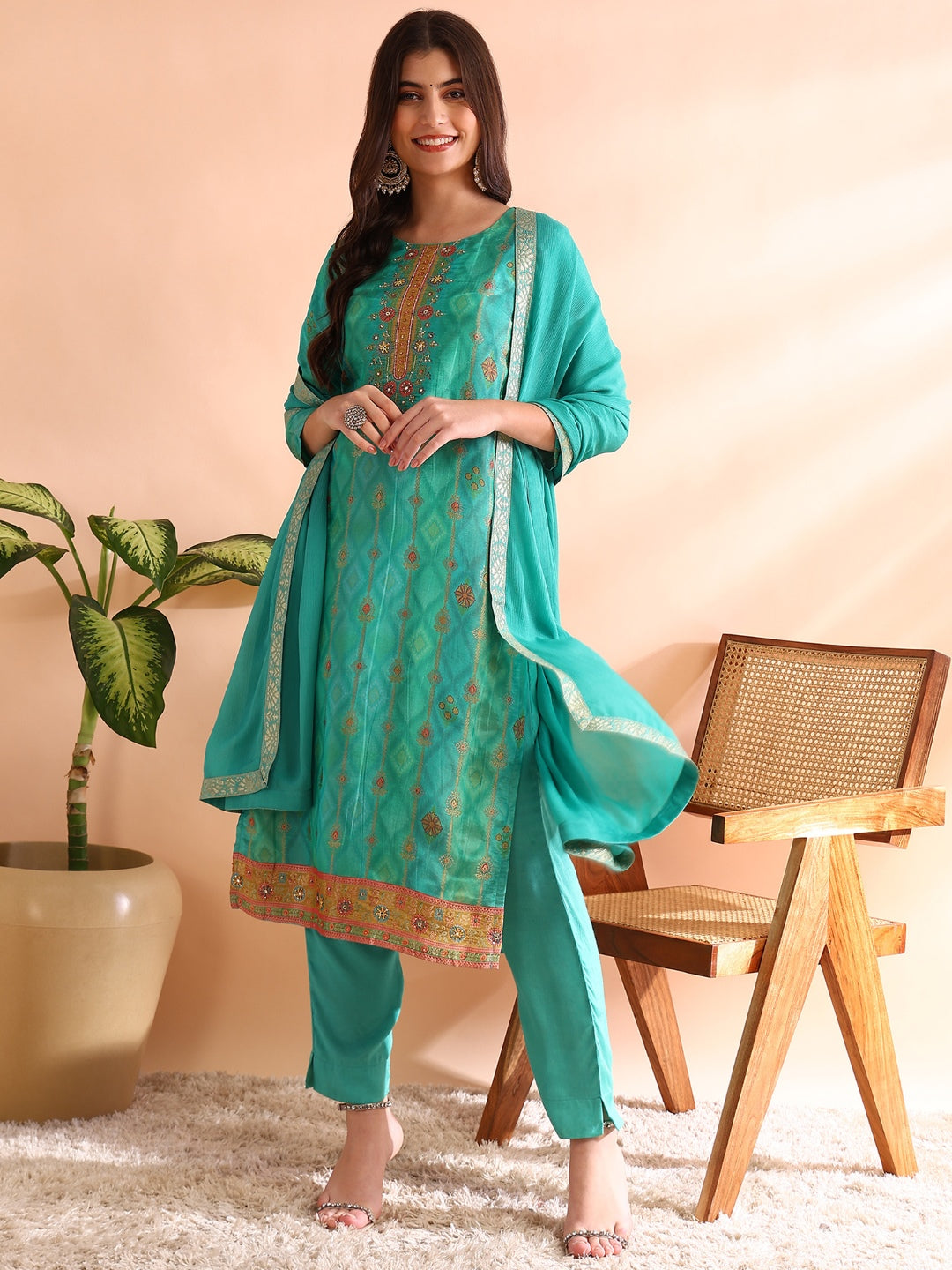 Sea-Green-Silk-Blend-Woven-Design-3-Piece-Kurta-Set