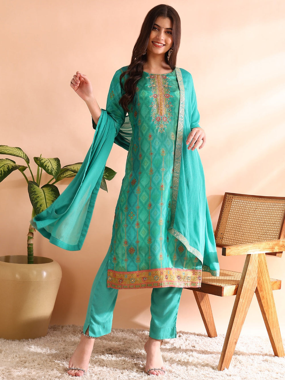 ZERESOUQ-Sea-Green-Silk-Blend-Woven-Design-3-Piece-Kurta-Set