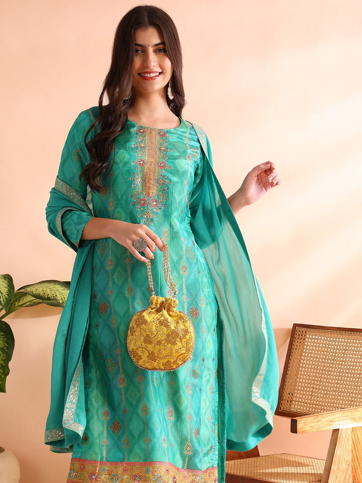 Sea-Green-Silk-Blend-Woven-Design-3-Piece-Kurta-Set