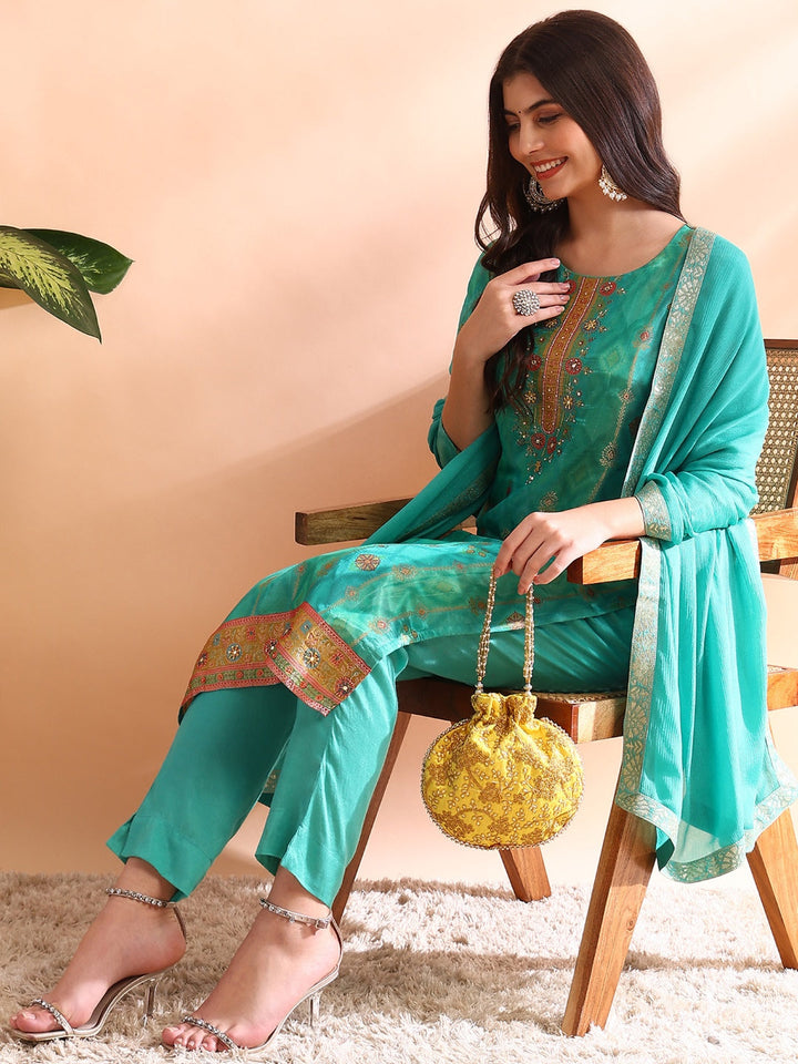 Sea-Green-Silk-Blend-Woven-Design-3-Piece-Kurta-Set