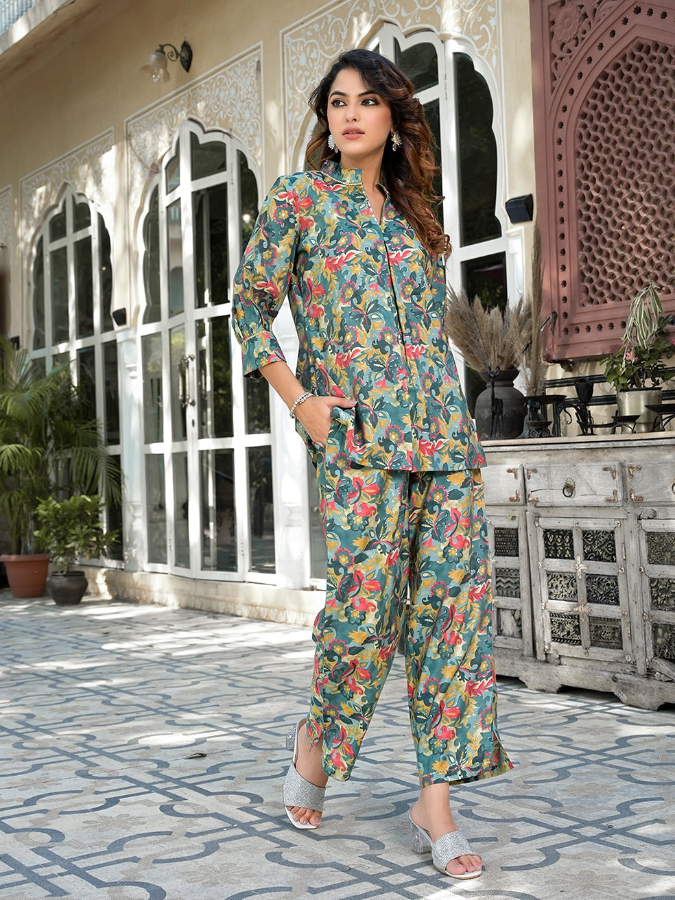 Sea-Green-Silk-Blend-Floral-Printed-Co-Ord-Set