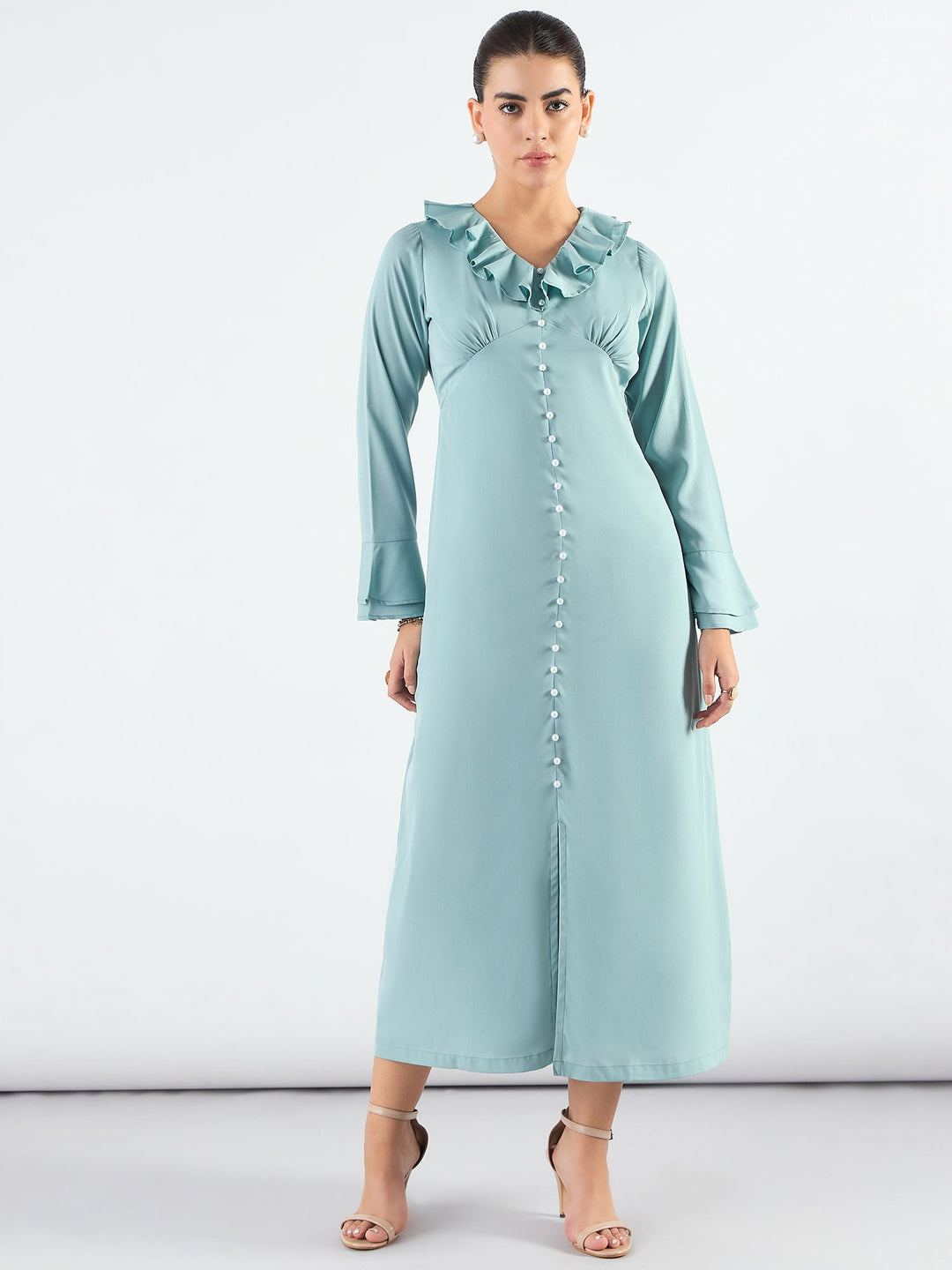 Sea-Green-Viscose-Ruffled-Collar-&-Pearl-Buttons-Midi-Dress