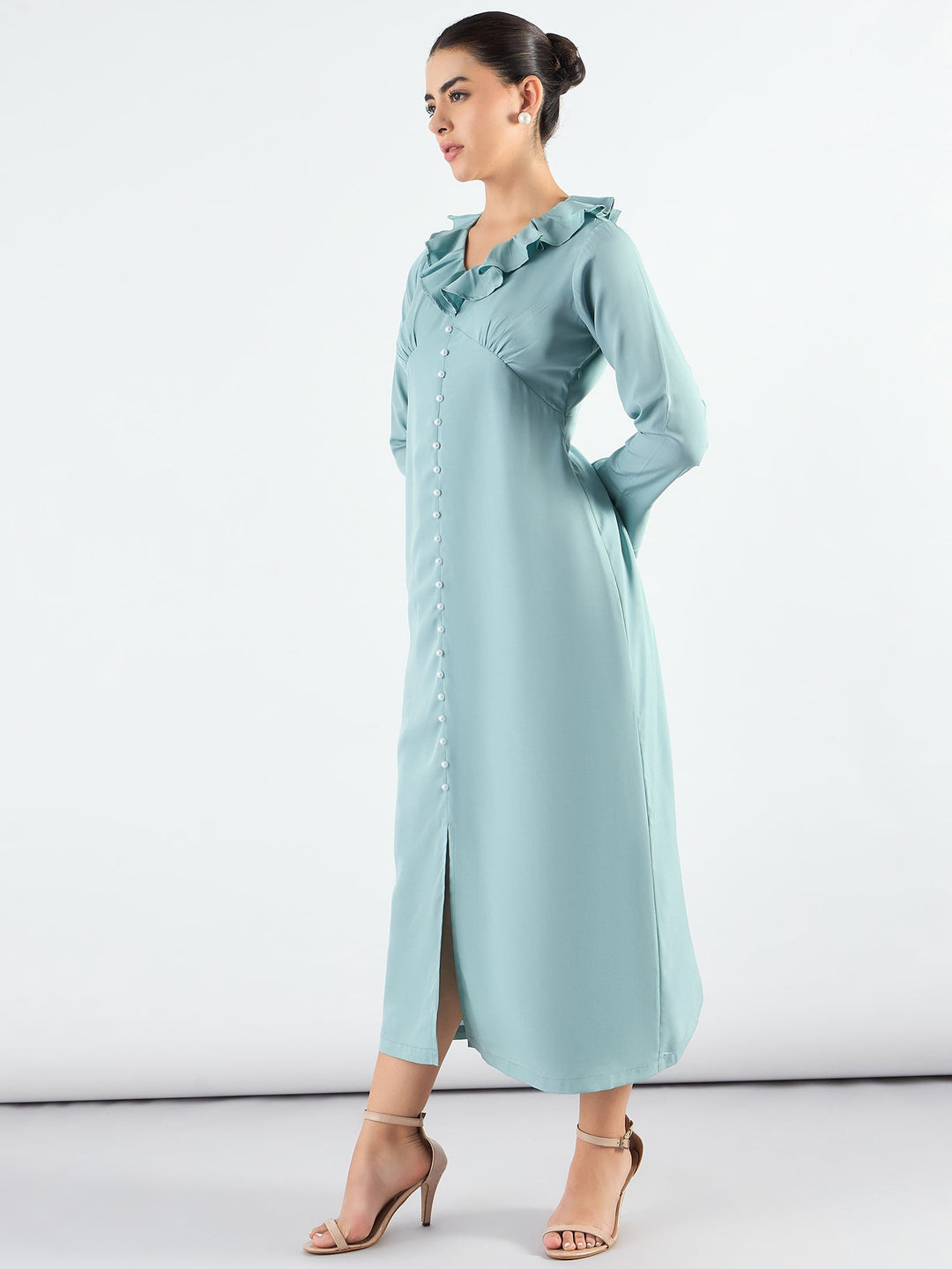 Sea-Green-Viscose-Ruffled-Collar-&-Pearl-Buttons-Midi-Dress