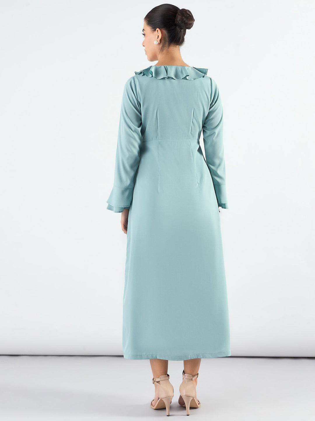 Sea-Green-Viscose-Ruffled-Collar-&-Pearl-Buttons-Midi-Dress