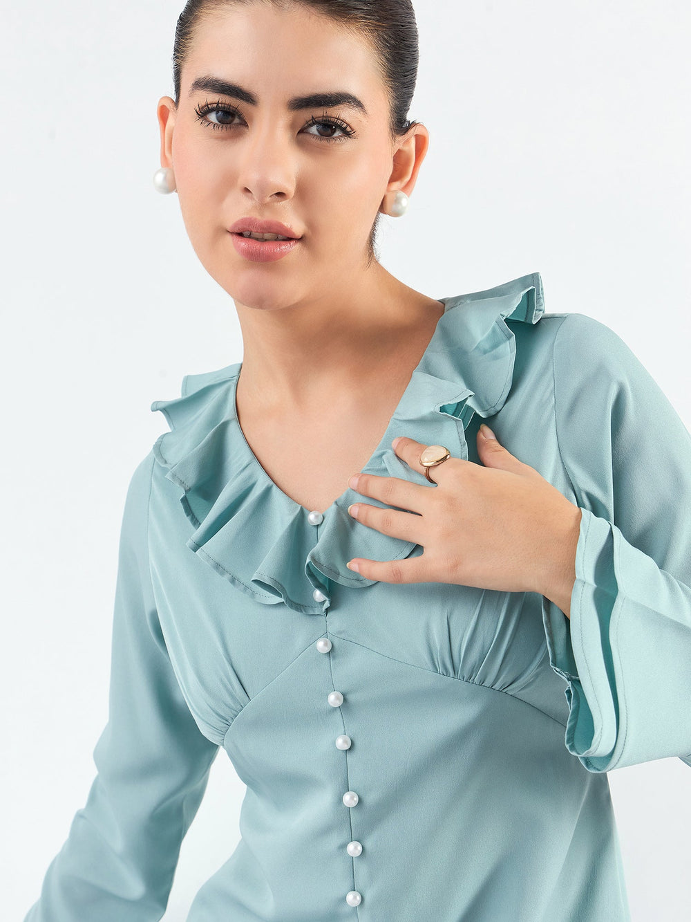 Sea-Green-Viscose-Ruffled-Collar-&-Pearl-Buttons-Midi-Dress