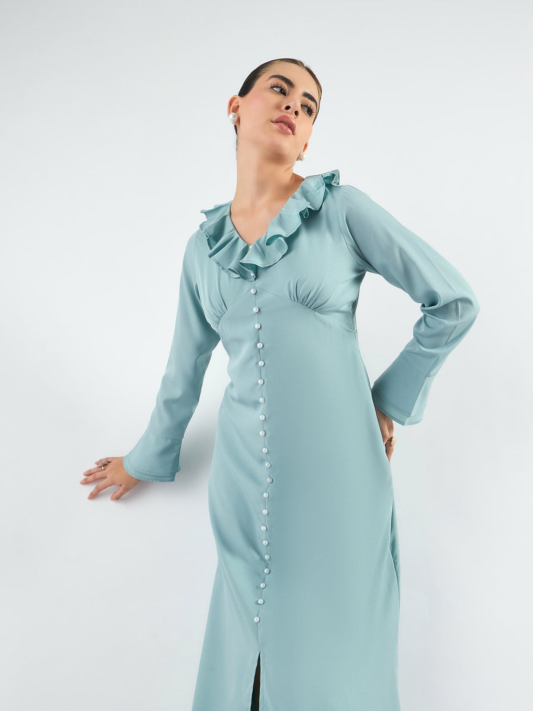 Sea-Green-Viscose-Ruffled-Collar-&-Pearl-Buttons-Midi-Dress