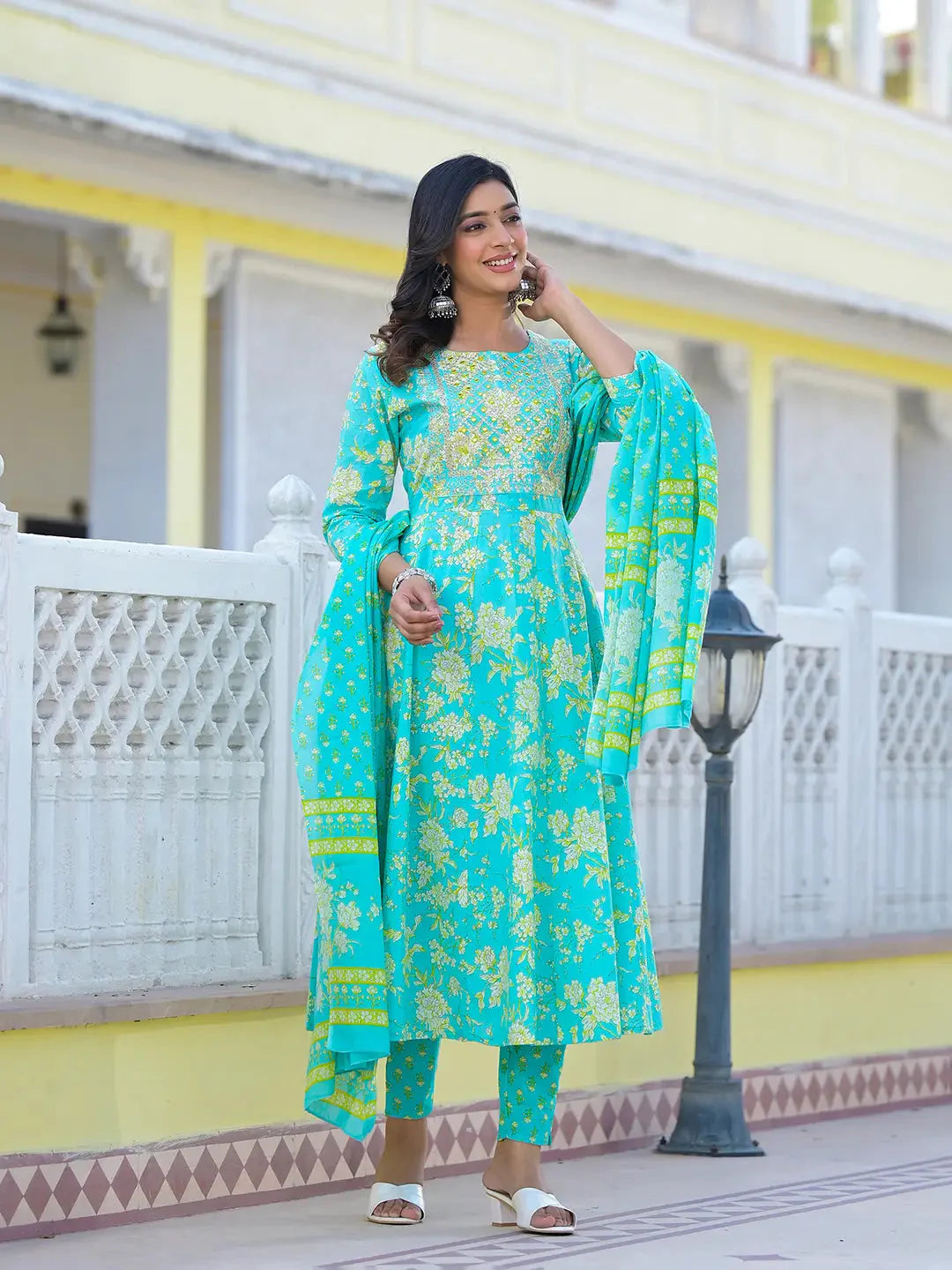 Sea-Green-Cotton-Zari-Work-Anarkali-Set