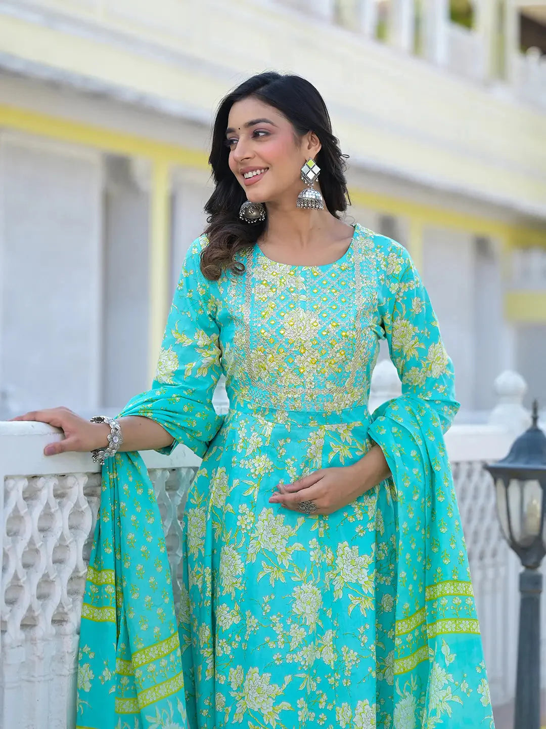 Sea-Green-Cotton-Zari-Work-Anarkali-Set