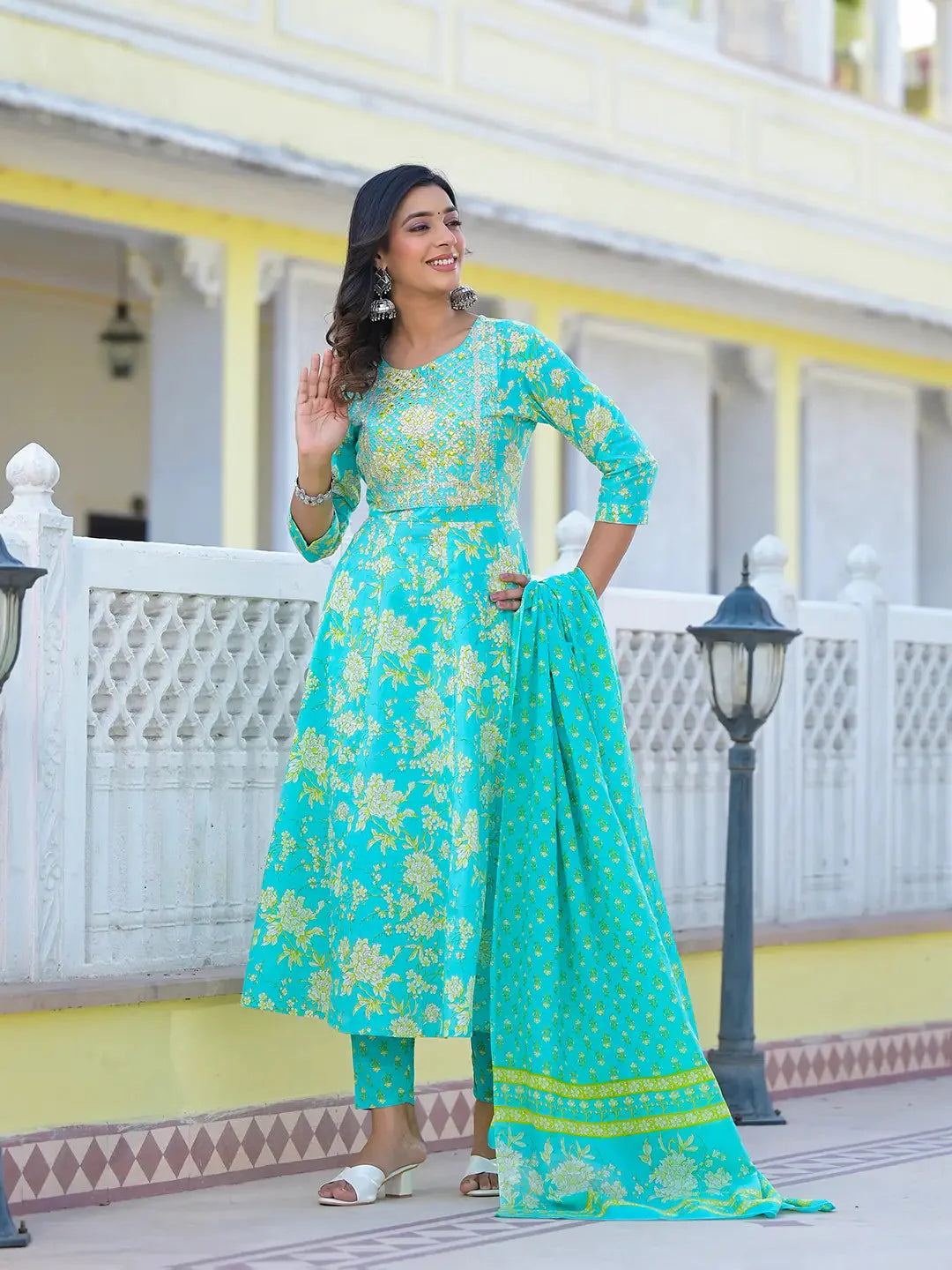 Sea-Green-Cotton-Zari-Work-Anarkali-Set