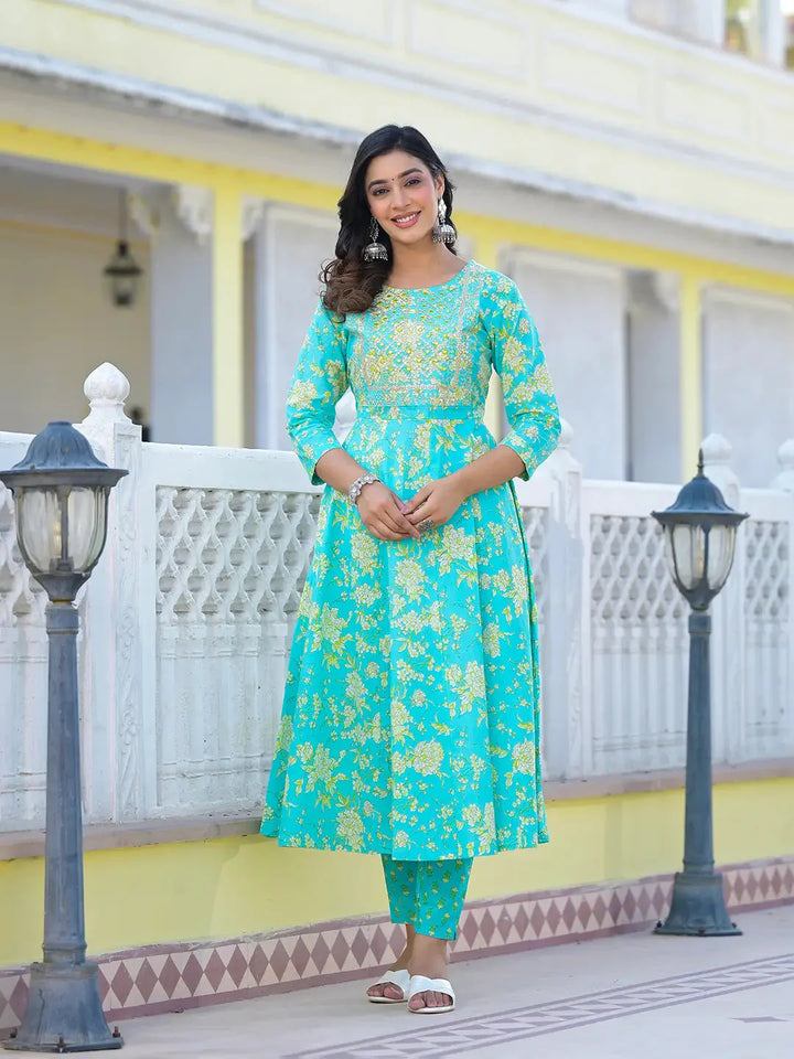 Sea-Green-Cotton-Zari-Work-Anarkali-Set