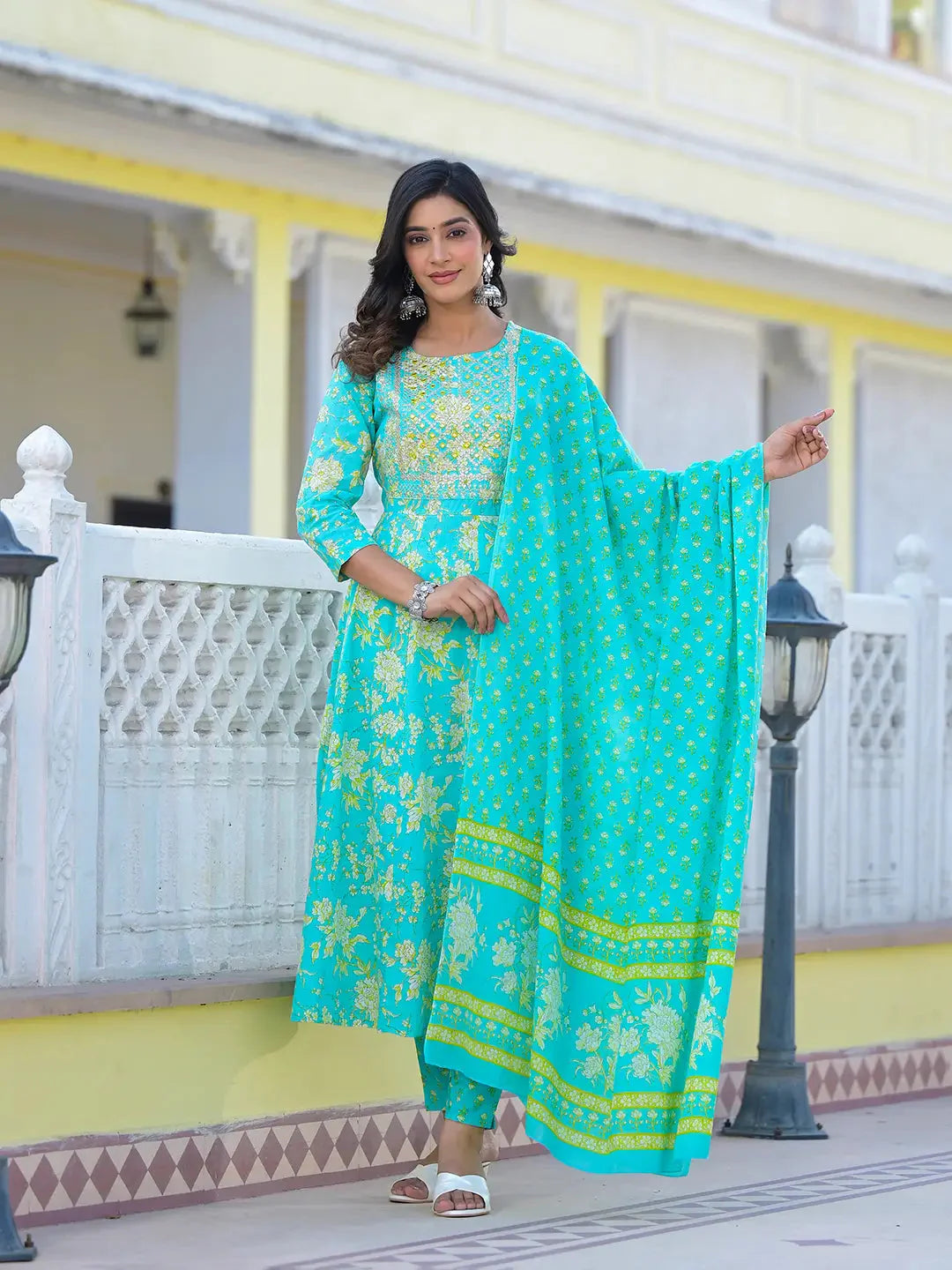 Sea-Green-Cotton-Zari-Work-Anarkali-Set