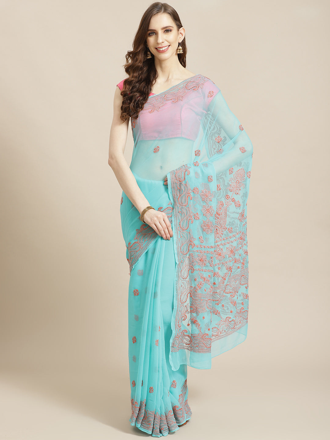 Sea-Green-&-Pink-Georgette-Hand-Embroidered-Chikankari-Saree