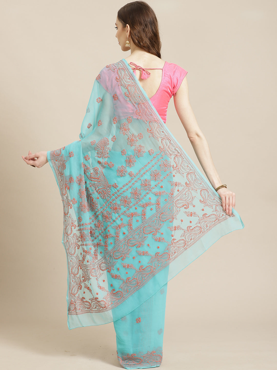 Sea-Green-&-Pink-Georgette-Hand-Embroidered-Chikankari-Saree