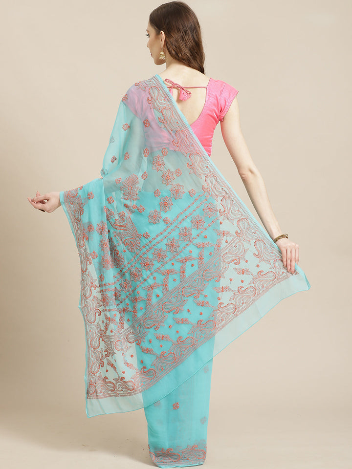 Sea-Green-&-Pink-Georgette-Hand-Embroidered-Chikankari-Saree