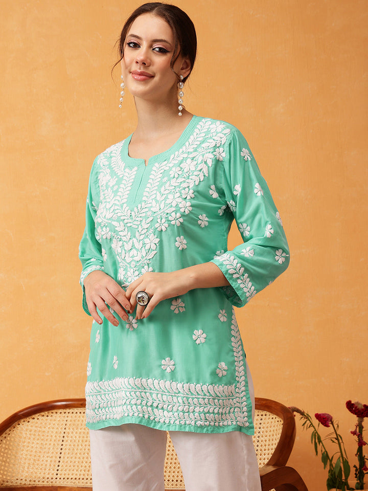 Sea Green & White Authentic Muslin Chikankari Tunic