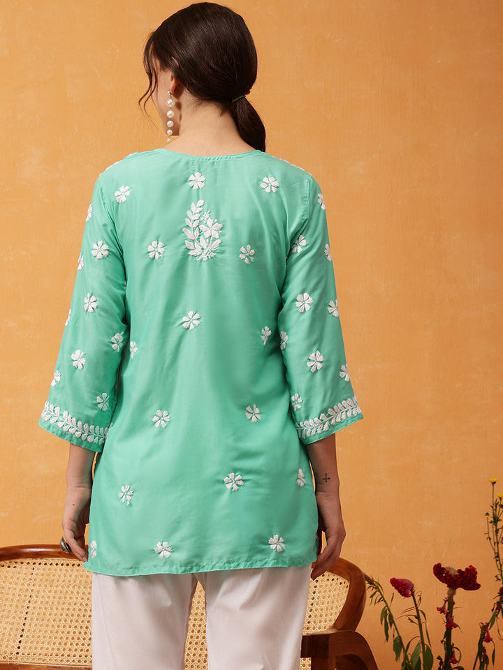 Sea Green & White Authentic Muslin Chikankari Tunic