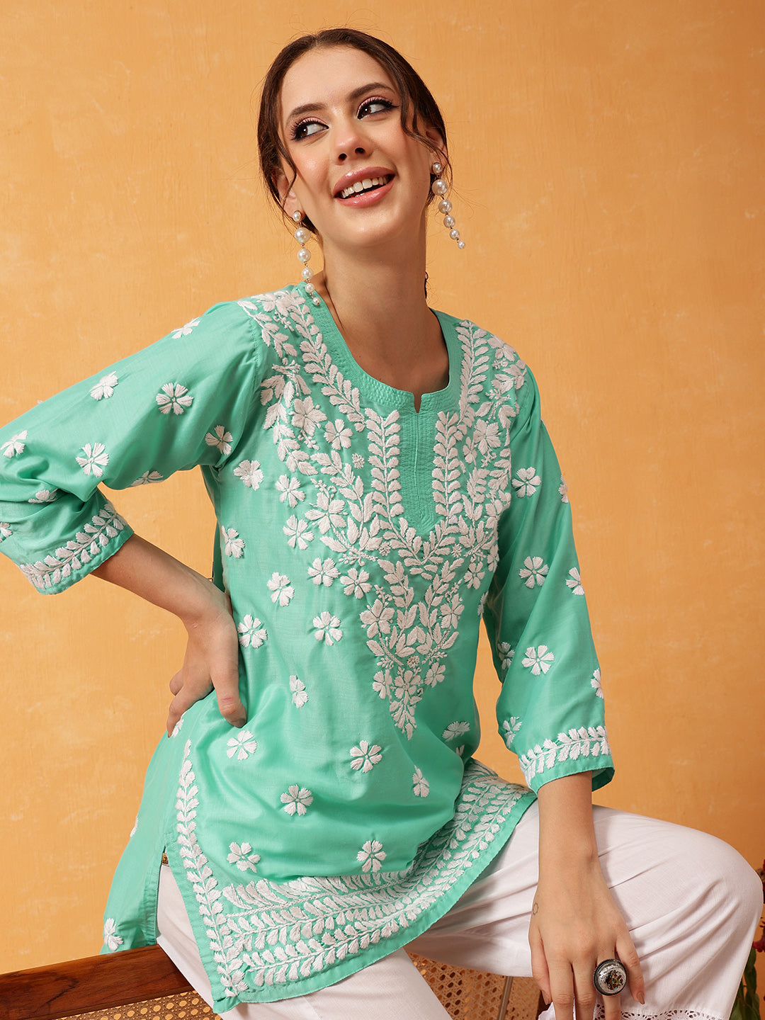 Sea Green & White Authentic Muslin Chikankari Tunic