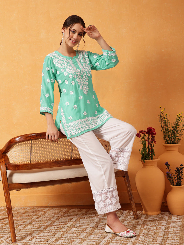 Sea Green & White Authentic Muslin Chikankari Tunic