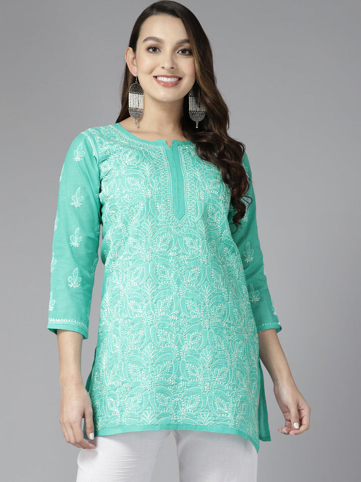 Sea Green & White Cotton Chikankari Tunic