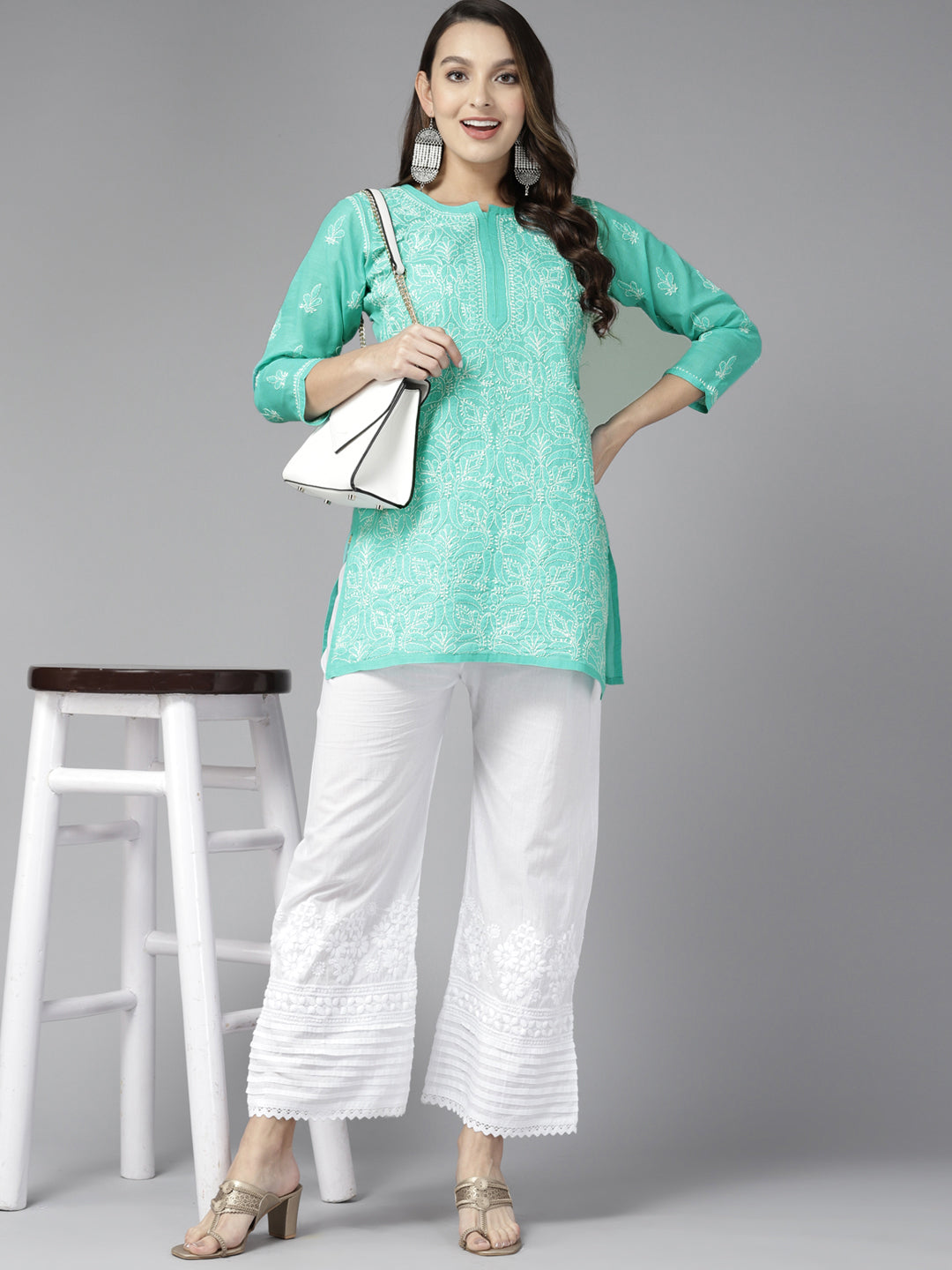 Sea Green & White Cotton Chikankari Tunic