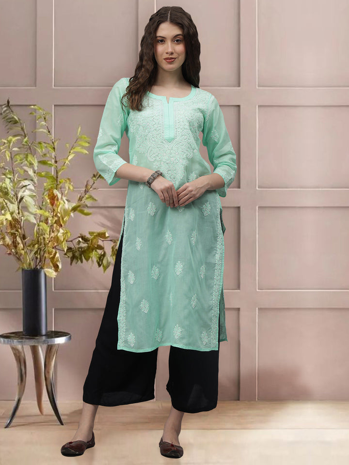 Sea-Green-&-White-Cotton-Embroidered-Chikankari-Kurti