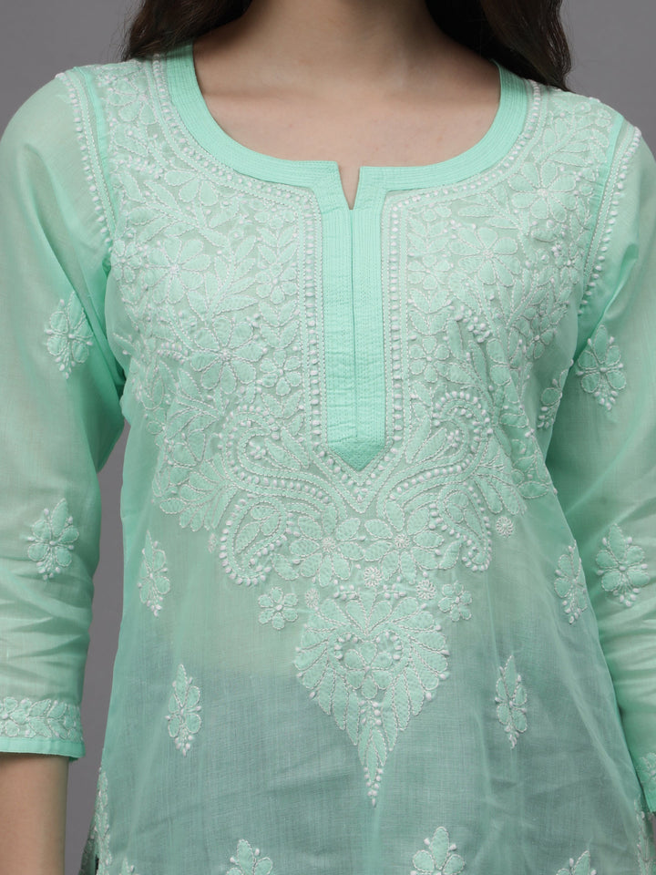 Sea-Green-&-White-Cotton-Embroidered-Chikankari-Kurti