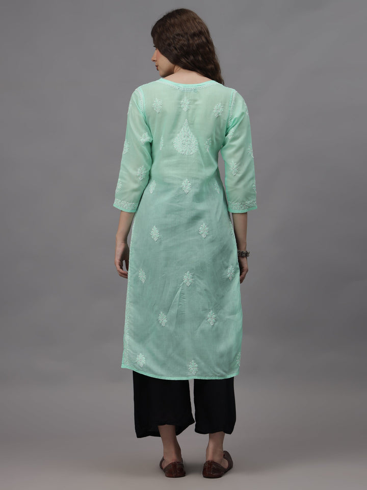 Sea-Green-&-White-Cotton-Embroidered-Chikankari-Kurti