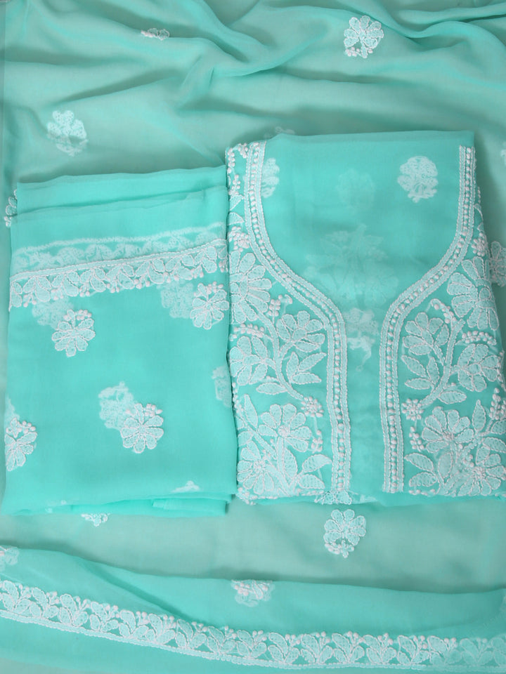 Sea-Green-&-White-Georgette-Chikankari-Dress-Material