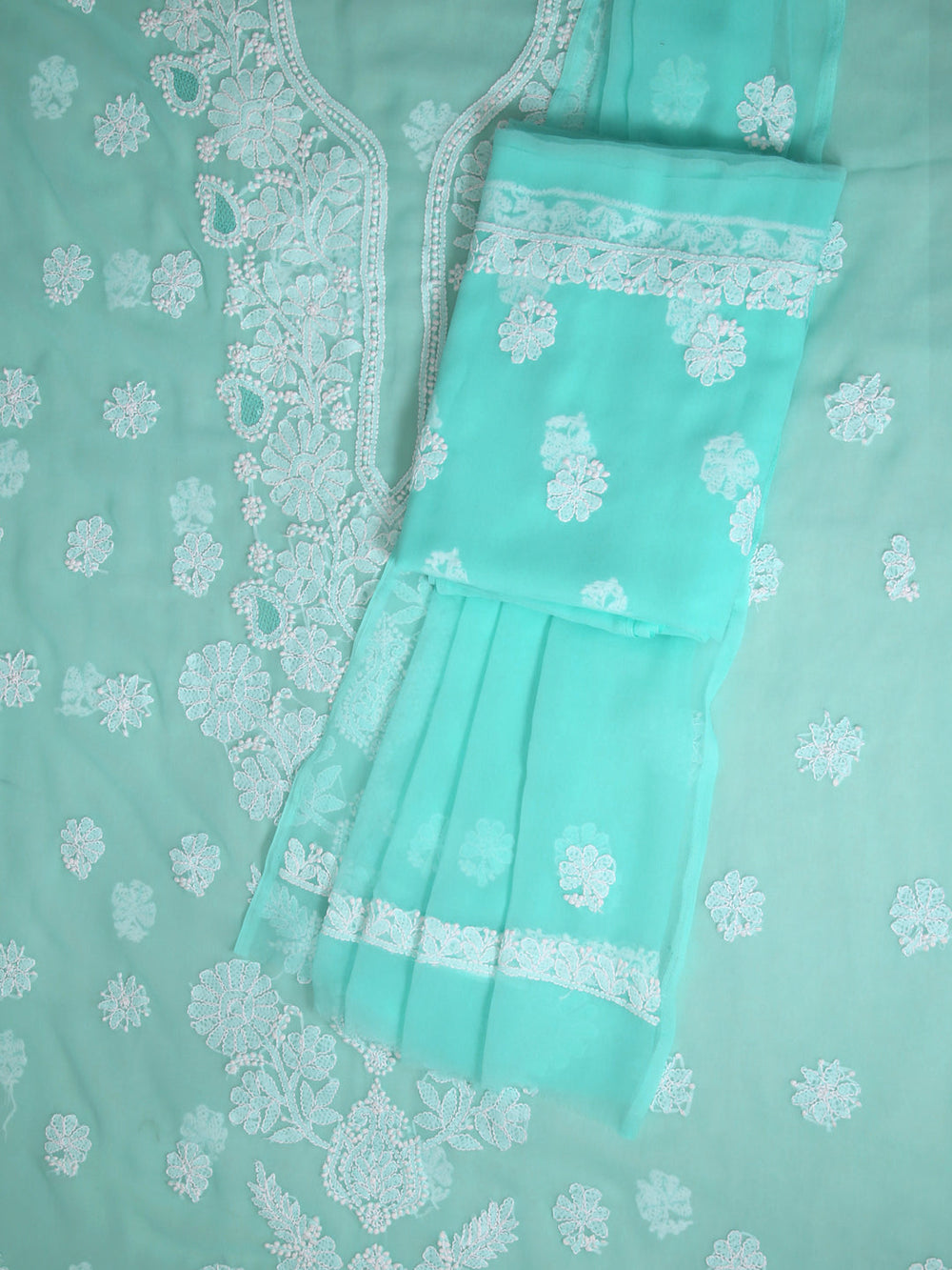 Sea-Green-&-White-Georgette-Chikankari-Dress-Material