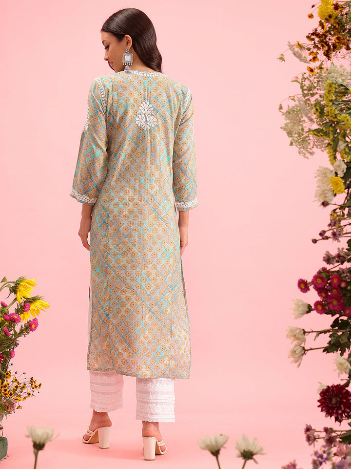 Sea-Green-&-White-Mul-Cotton-Embroidered-Chikankari-Kurta