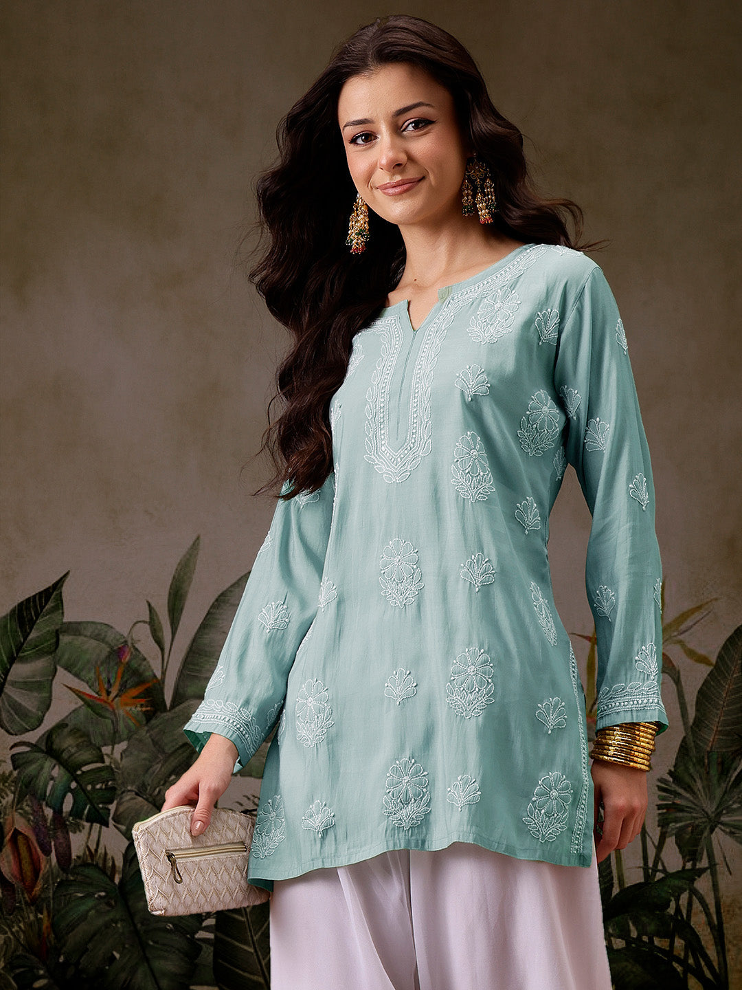 Sea-Green-Chanderi-Lucknowi-Chikankari-Short-Kurta-ONLY
