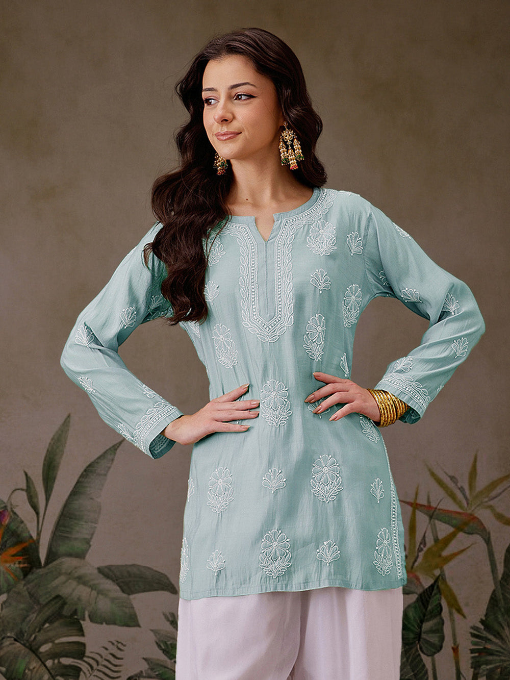Sea-Green-Chanderi-Lucknowi-Chikankari-Short-Kurta-ONLY