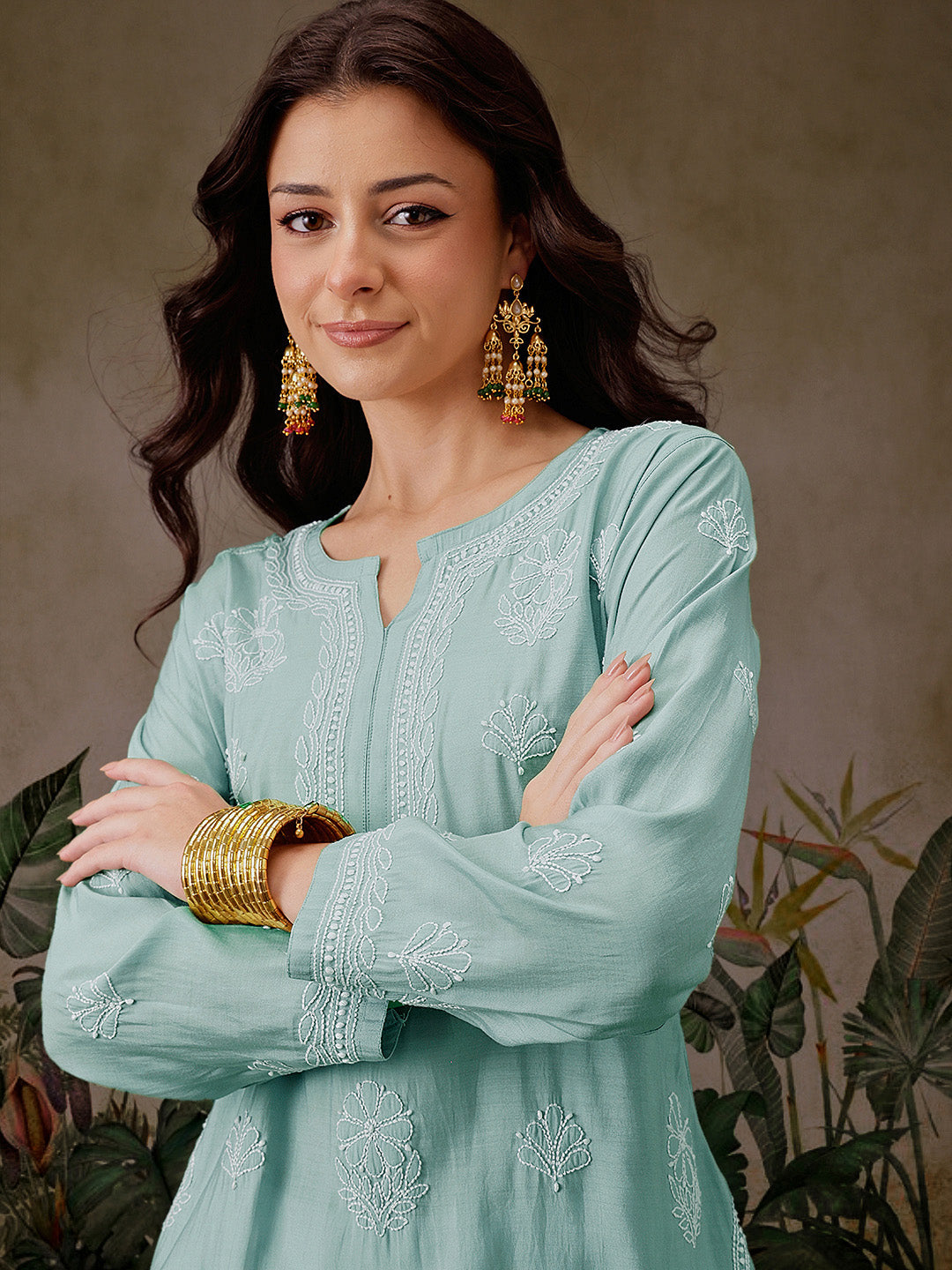 Sea-Green-Chanderi-Lucknowi-Chikankari-Short-Kurta-ONLY