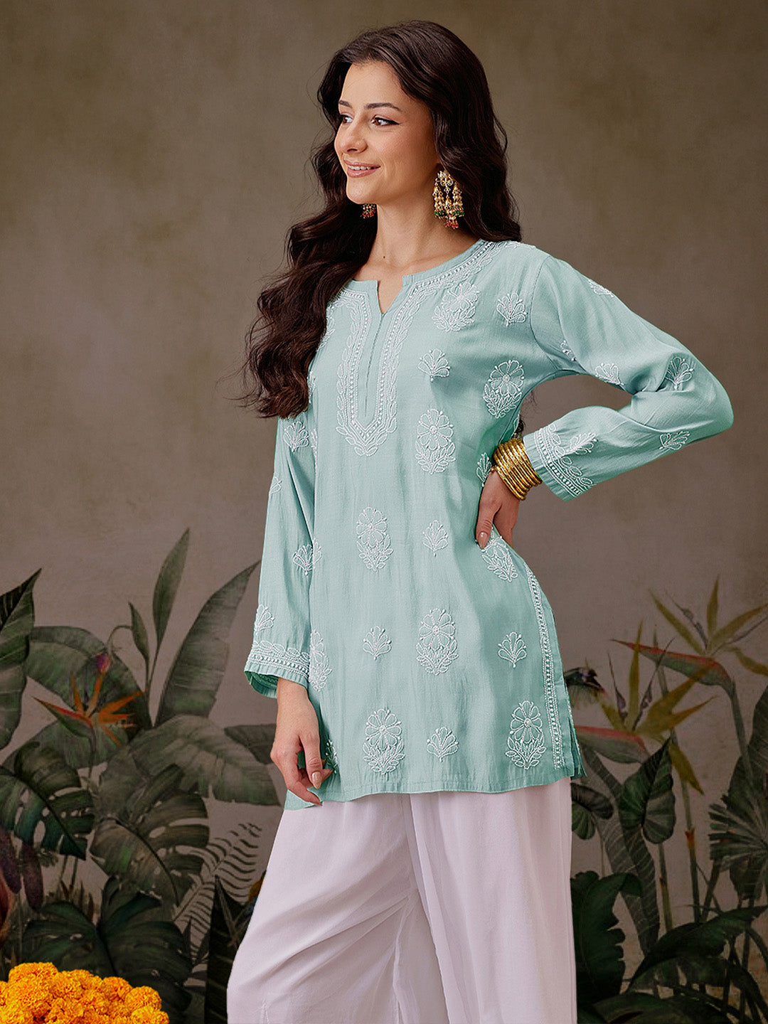Sea-Green-Chanderi-Lucknowi-Chikankari-Short-Kurta-ONLY