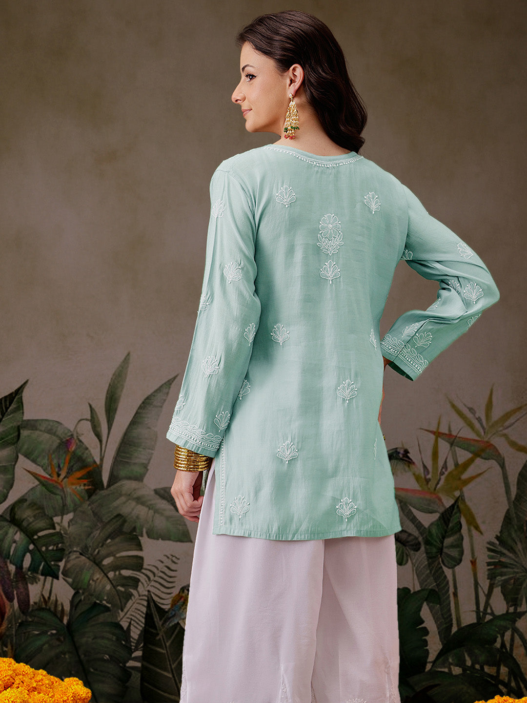 Sea-Green-Chanderi-Lucknowi-Chikankari-Short-Kurta-ONLY