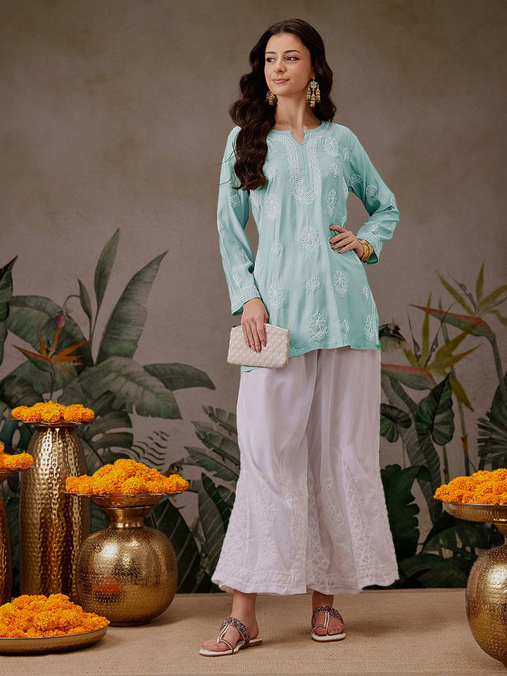 Sea-Green-Chanderi-Lucknowi-Chikankari-Short-Kurta-ONLY