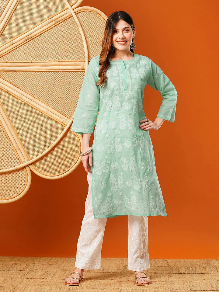Sea-Green-Cotton-Embroidered-Chikankari-Kurta-Only