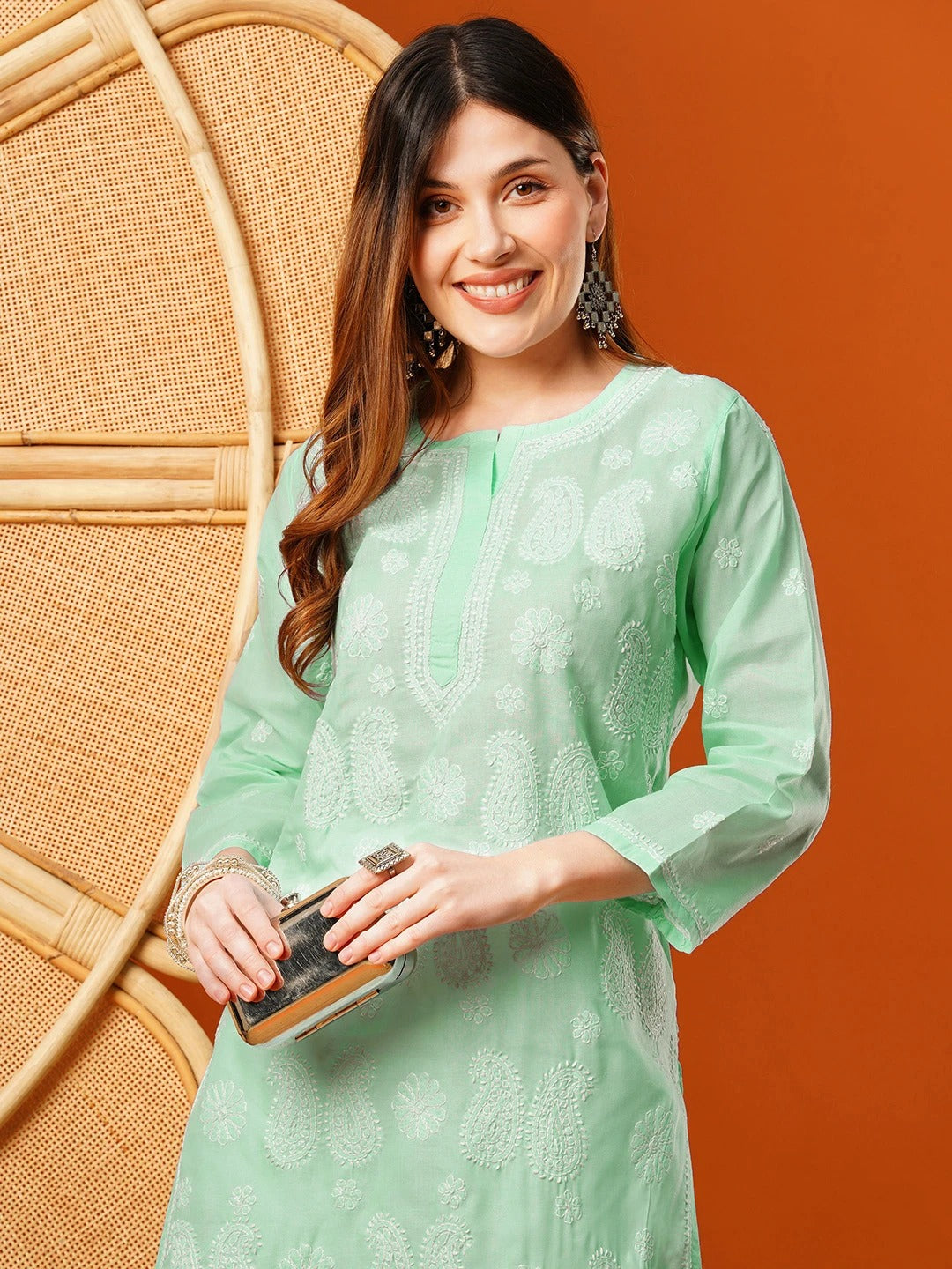 Sea-Green-Cotton-Embroidered-Chikankari-Kurta-Only