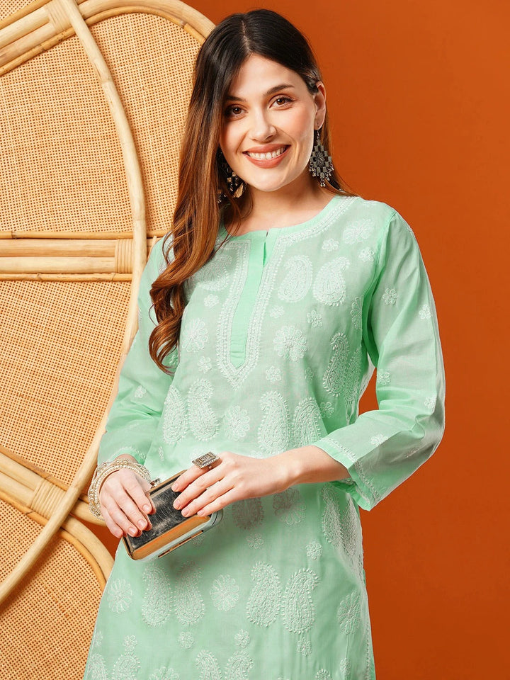 Sea-Green-Cotton-Embroidered-Chikankari-Kurta-Only