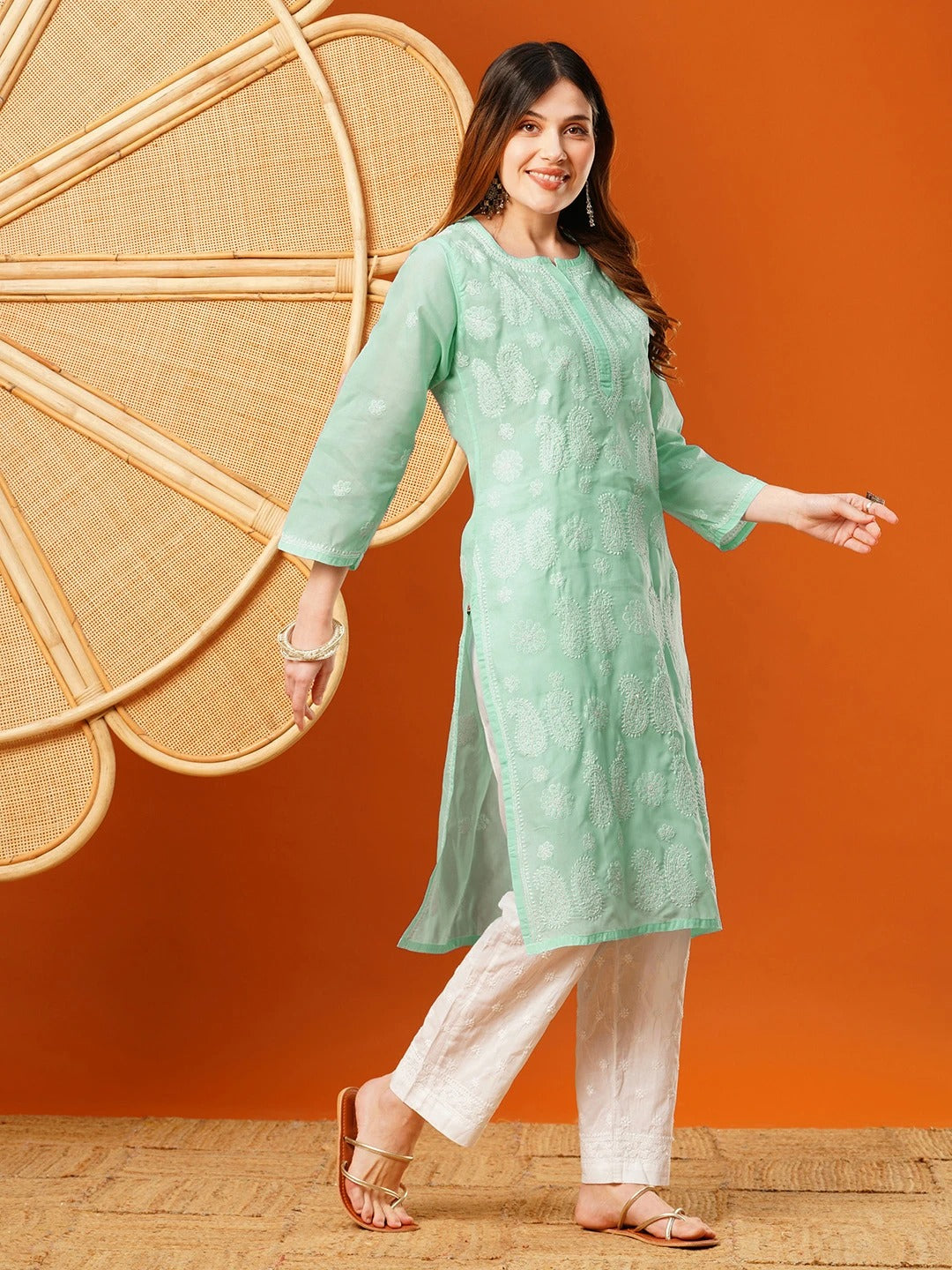 Sea-Green-Cotton-Embroidered-Chikankari-Kurta-Only