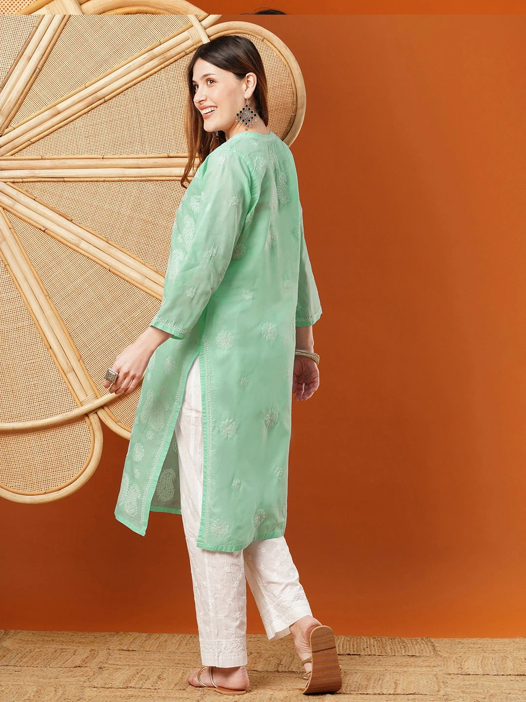 Sea-Green-Cotton-Embroidered-Chikankari-Kurta-Only