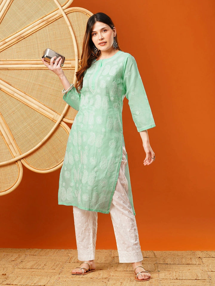 Sea-Green-Cotton-Embroidered-Chikankari-Kurta-Only