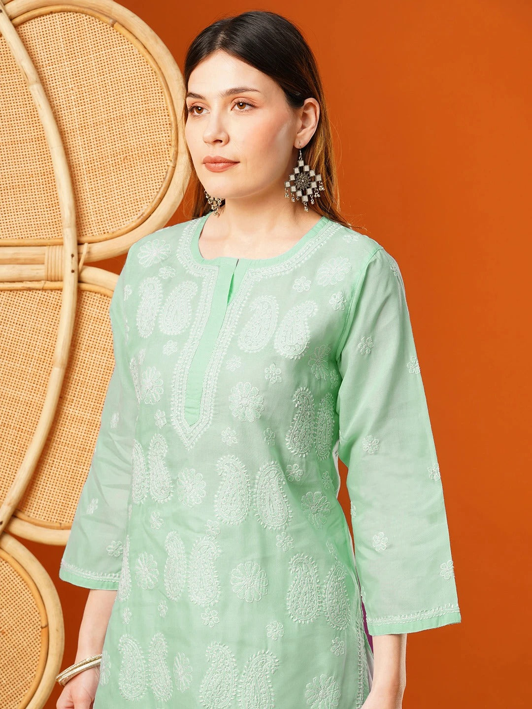 Sea-Green-Cotton-Embroidered-Chikankari-Kurta-Only