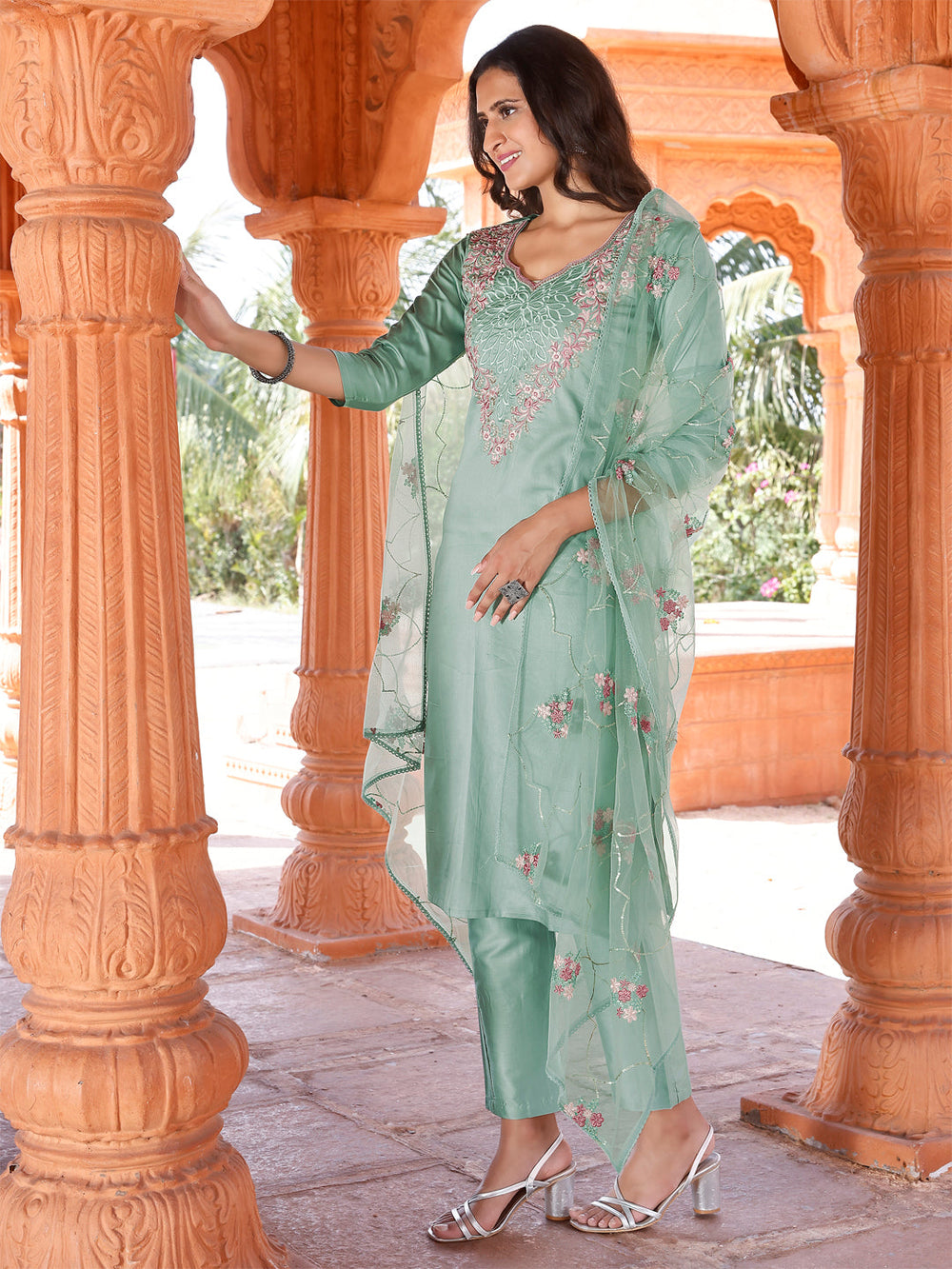 Sea-Green-Cotton-Embroidery-Kurta-&-Trouser-With-Dupatta