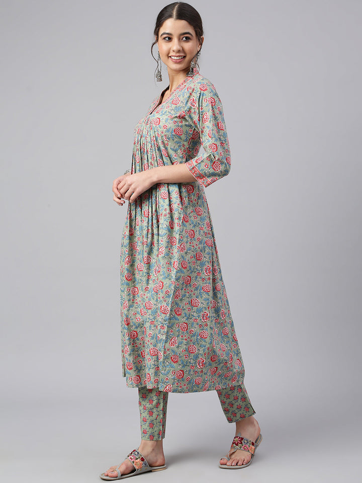 Sea Green Cotton Floral Print Kurta & Pant Set