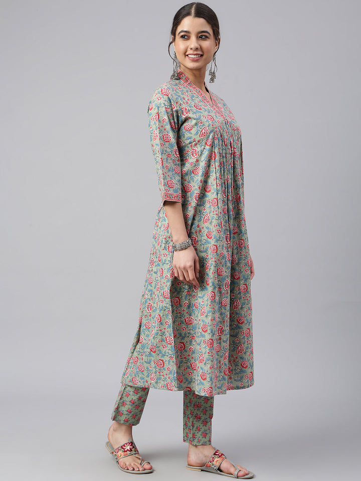 Sea Green Cotton Floral Print Kurta & Pant Set