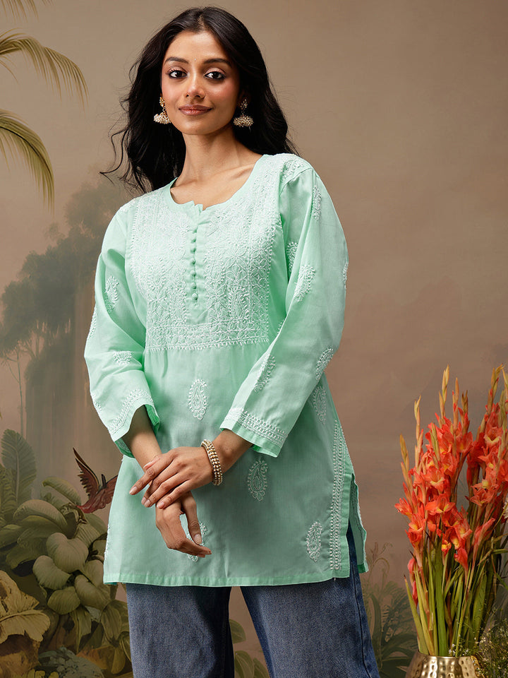 Sea Green Cotton 100% Original Chikankari Tunic Top