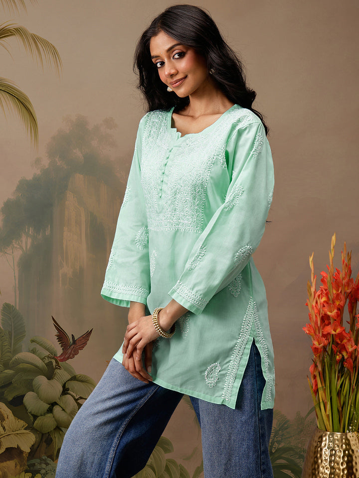 Sea Green Cotton 100% Original Chikankari Tunic Top
