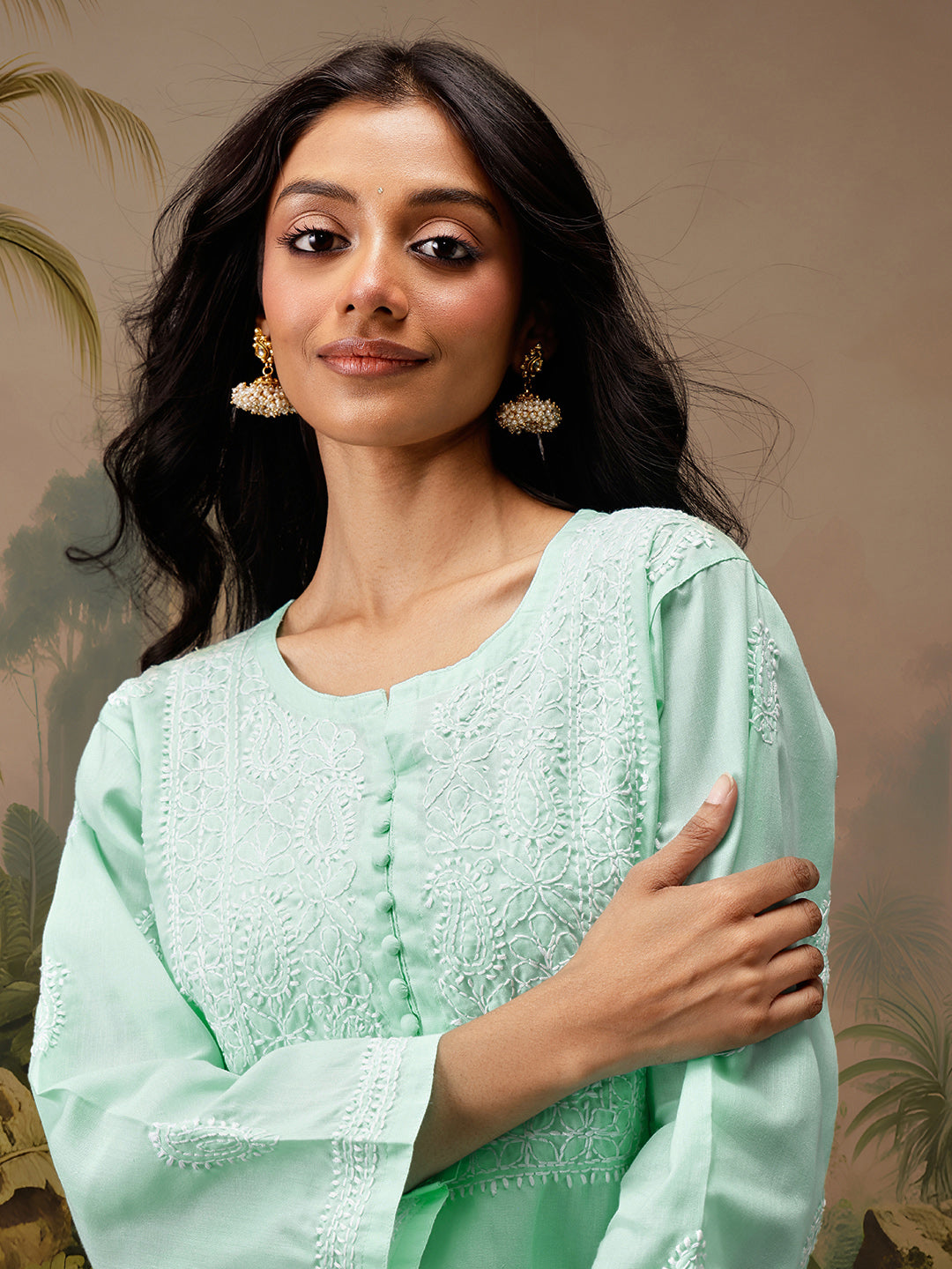 Sea Green Cotton 100% Original Chikankari Tunic Top